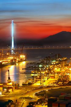 sunset in cargo container terminal