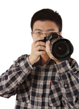 Male photographer holding camera