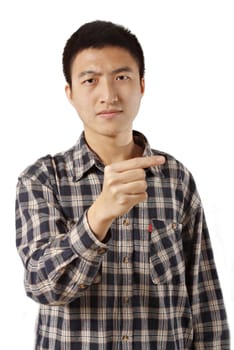 Casual young man pointing left