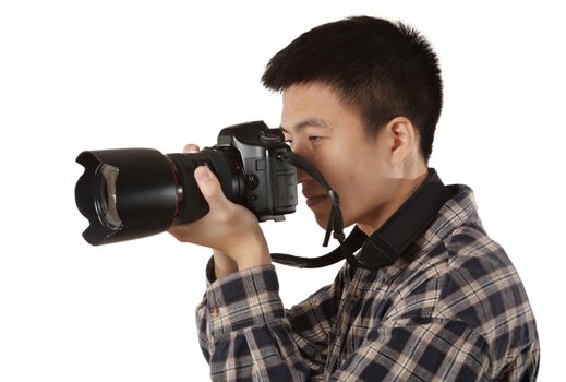 Male photographer holding camera