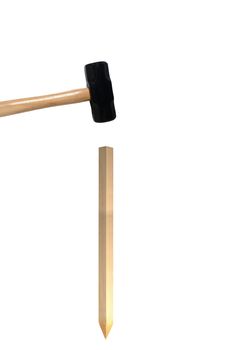one hammer hits nail on white background