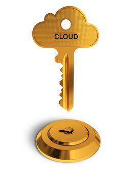 Cloud gold key on white  background - the shape of the key rapresent a cloud computing symbol - Conceptual image for access to new tecnologies.