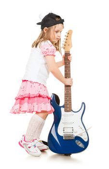 cute little girl with guitar, isolated on white