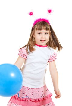 funny little girl with balloons, isolated on white