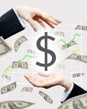 Dollar falling form woman hand with stock graph on background