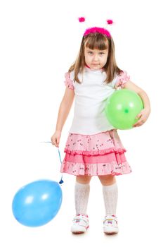 funny little girl with balloons, isolated on white