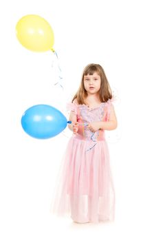 funny little girl with balloons, isolated on white