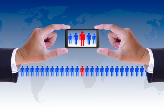 hand and mobile recruitment right man ,human resource concept