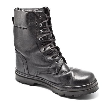 black leather army boot isolated on white