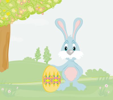 Illustration of happy Easter bunny carrying egg