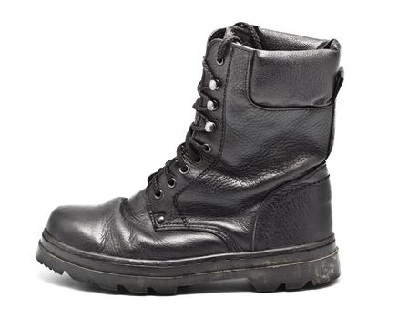 black leather army boot isolated on white