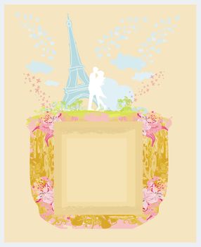 Romantic couple in Paris kissing near the Eiffel Tower. Retro card.