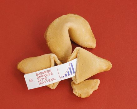 Two fortune cookies on a red background. One is opened, showing a fortune saying, "Business prospects improve in the New Year" along with a bar chart showing a positive trend.