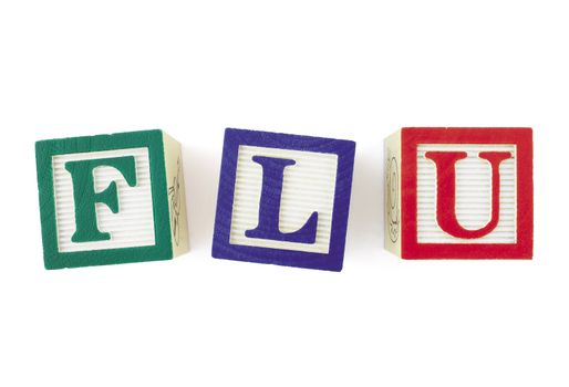 Alphabet blocks forming the word 'FLU' and viewed from above.