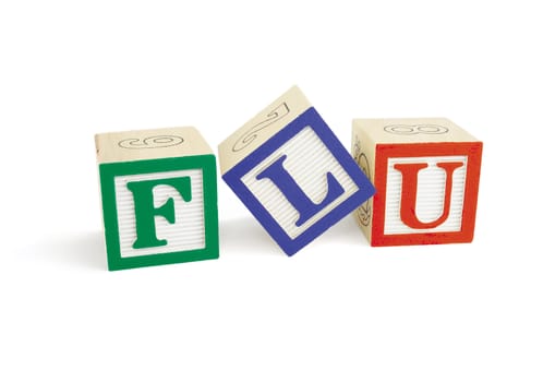 Alphabet blocks forming the word 'FLU' and viewed from the front and slightly to the left.  The L block is tilted.