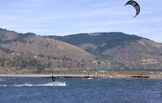 Wind surfers enjoying the pull, Columbia River Gorge OR.