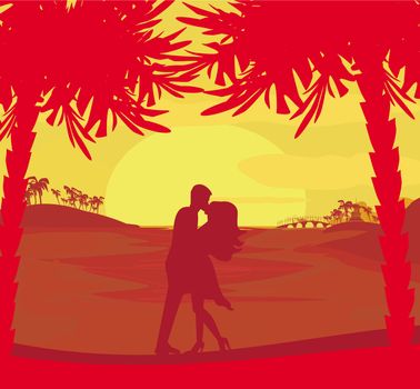 silhouette couple kissing on tropical beach