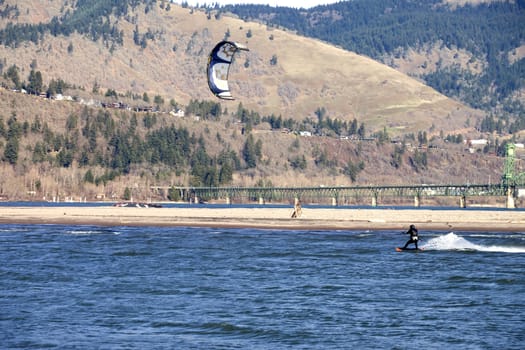 Wind surfers enjoying the pull, Columbia River Gorge OR.