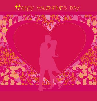 Floral greeting card with silhouette of romantic couple