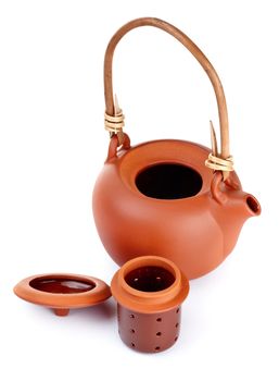 brown clay kettle isolated on white background