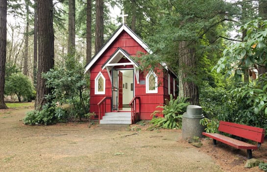 St. Ann's small red chapel in a forest, Portland Oregon.