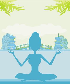 Silhouette of a Girl in Yoga pose on Summer background with palm tree