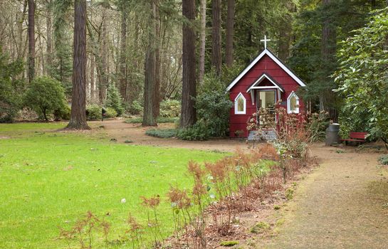 St. Ann's small red chapel in a forest, Portland Oregon.