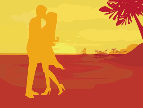 silhouette couple kissing on tropical beach