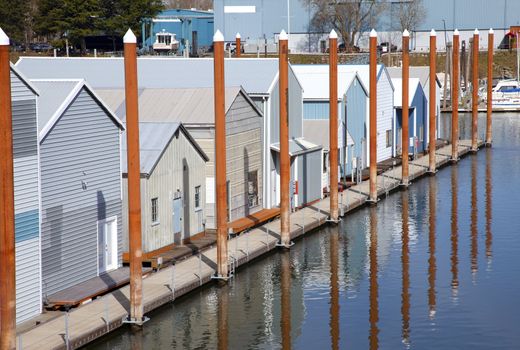 Boat garages with flood control steel beams, Portland OR.