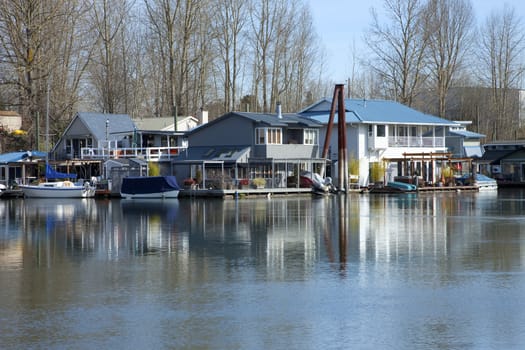 A neighborhood of floating houses and boats, Portland OR.