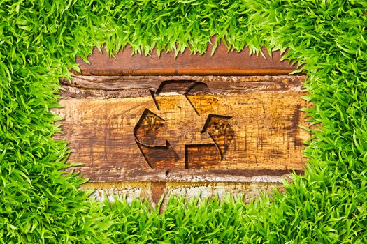 green grass and recycle sign on wood background