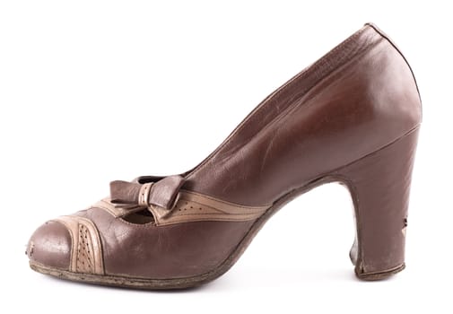 brown leather female shoes on grey background