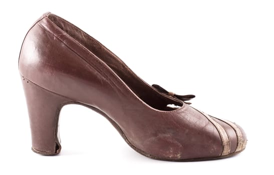 brown leather female shoes on grey background