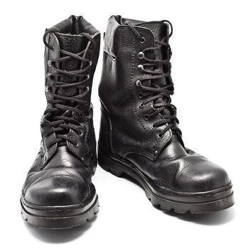 black leather army boots isolated on white