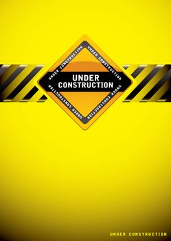 Yellow warning under construction background with sign and hash banner