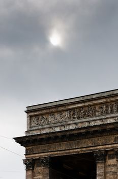 Small part of Kazansky cathedral with sun out of clouds in Saint-Petersburg, Russia