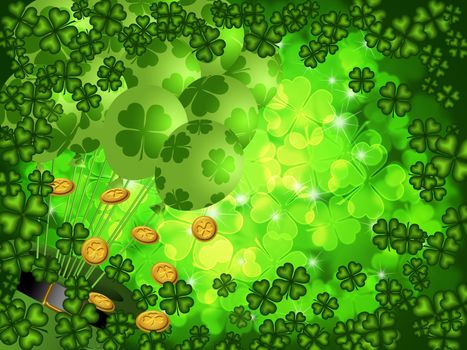 St Patricks Day Four Leaf Clover Shamrock with Leprechaun Hat and Balloons on Blurred Background Illustration