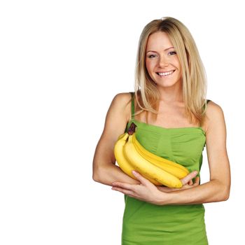 woman holding a bunch of bananas on white background