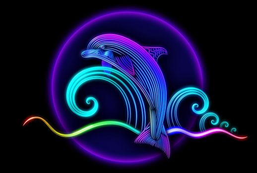 Beautiful swimming dolphin jumped from blue tropical ocean and slides on waves with bubbles and splashes of water.