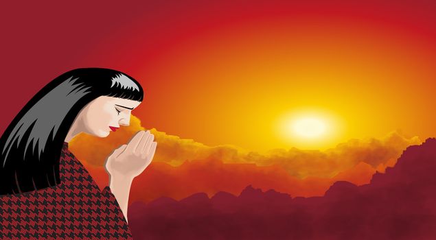 A praying woman with sunset landscape