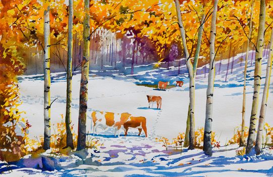 An original watercolor painting, of a cattle pasture with an early blanket of snow, in Autumn.  Makes a beautiful art print for walls.