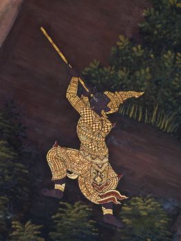Vintage traditional Thai style art painting on temple for background.