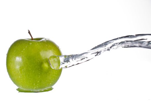 Green apple water splash with white background, high speed splash