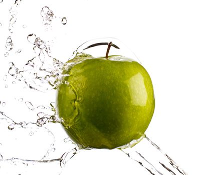 Green apple water splash with white background, high speed splash