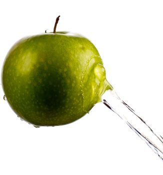 Green apple water splash with white background, high speed splash