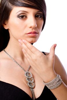 Beautiful fashiom model portrait dark hair with jewelry 