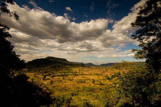 Landscape, mountins, white clouds and blue sky