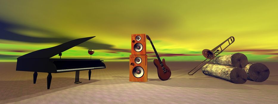 guitar and piano and tombone and yellow sky
