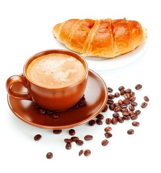 fresh coffee cup and croissant isolated on white background