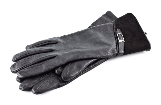 pair of black female's leather gloves isolated on white